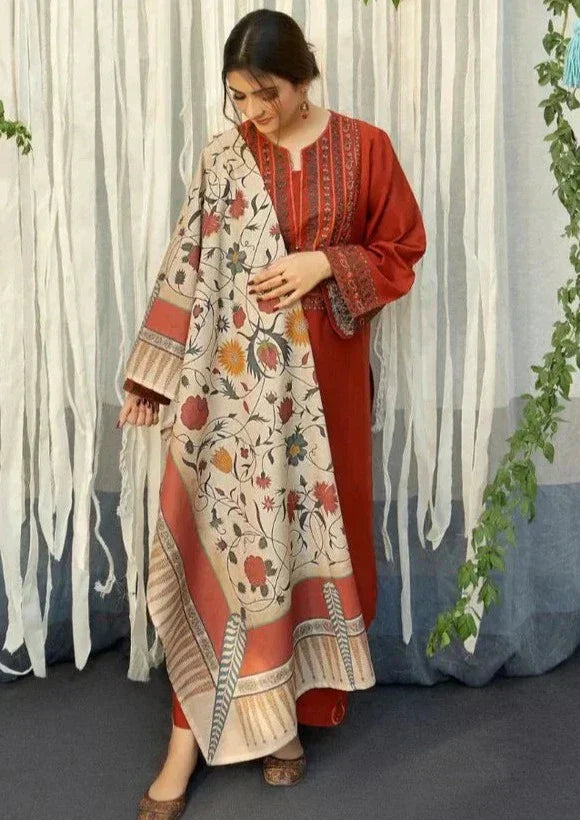 Fire Orange 3PC Dhanak Embroidered Suit – Shirt, Shawl & Trouser