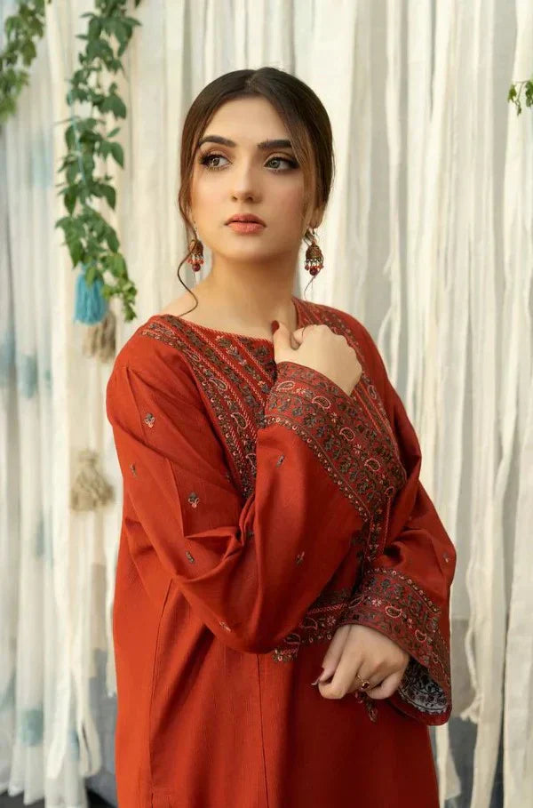 Fire Orange 3PC Dhanak Embroidered Suit – Shirt, Shawl & Trouser