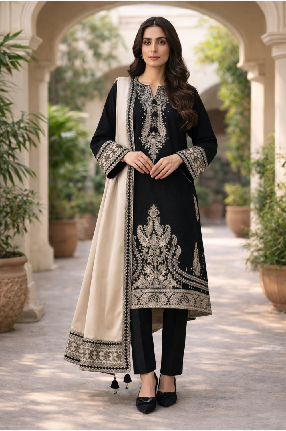 Libaas 3PC Dhanak Embroidered Suit – Heavy Shirt, Shawl & Trouser
