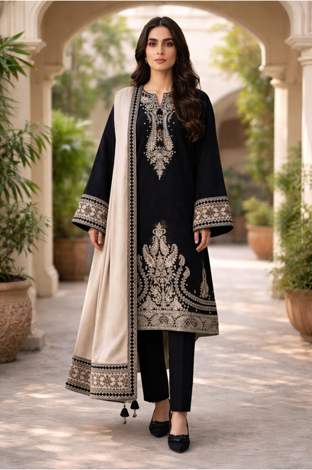 Libaas 3PC Dhanak Embroidered Suit – Heavy Shirt, Shawl & Trouser